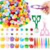 EZdhuawuse Summer Sensory Bin Fillers - 304Pcs Hawaii Flower Fine Motor Toys Counting Sorting for Kids, Felt Colorful Hawaii Flower Pom Poms Cup Clip for Preschool Education Birthday Gift Party Favors