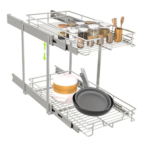 EZKAZA Pull Out Cabinet Organizer 7.5" W x 21" D, 2-Tier Kitchen Cabinet Pullout Shelf and Drawer Organizer Slide Out Pantry Storage Basket, 6.2" W x 21" D x 2.4" H for Bottom Basket Size