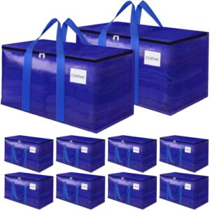 FabSpace 10Pack Moving Storage Bags, Moving Supplies Packing Boxes for Moving, Camping, College Dorm Room Essentials for Girls, Blue Tote Bags, 76L Heavy-Duty Storage Bins With Lids And Zippers