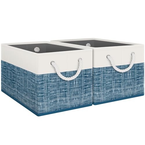 Fab totes Storage Bins 2-Pack, Foldable Storage Baskets for Organizing Toys, Books, Shelves, Closet, Large Storage Box with Rope Handles, Sturdy Organizer Bins, White & Blue