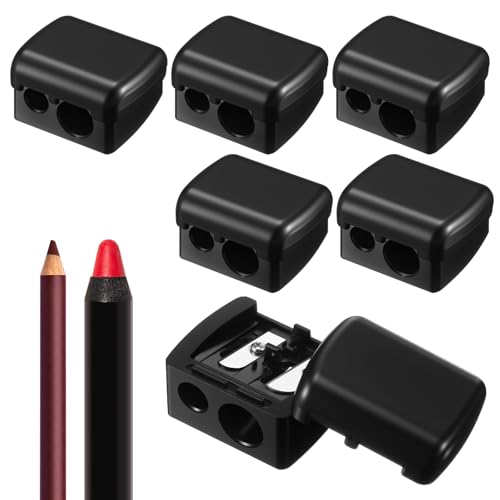 Faccito 6 Pcs Makeup Pencil Sharpener with Cover, Lip Liner Pencil Sharpener, Dual Hole Cosmetic Manual Tools for Eyeliner, Lip Liner, Eyebrow, Back to School Gifts for Classroom (Black)