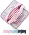 FAHZON Cute Pencil Case, 3 Large Compartments Pencil Pouch, Elastic Pen Slots&Mesh Pockets for Stationery, Pencil Bag for School Supplies with Zipper for Girls Boy Women Teens Adults-Pink