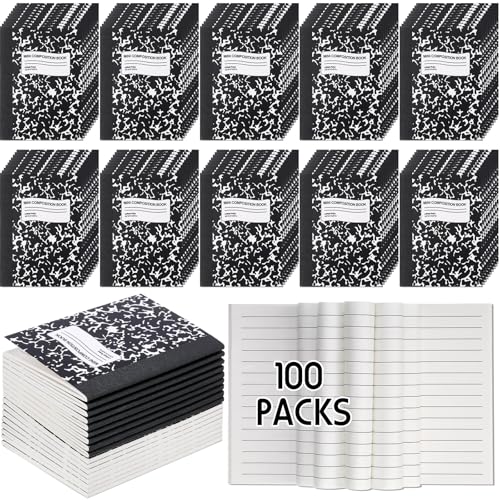 Fainne 100 Pack Mini Composition Notebook Bulk 4.5" x 3.3" Pocket Composition Books Small Narrow Ruled Compositions Note Pad Marble Journal Books for Students School College Office 60 Pages(Black)