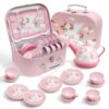 Fairy Toona Dreamy Unicorn Tea Party Set for Little Girls Ages 3-6, 15-Piece Pretend Play Kitchen Toys with Teapot, Cups, Plates & Storage Case, Princess Gift Set