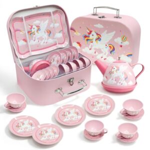 Fairy Toona Dreamy Unicorn Tea Party Set for Little Girls Ages 3-6, 15-Piece Pretend Play Kitchen Toys with Teapot, Cups, Plates & Storage Case, Princess Gift Set