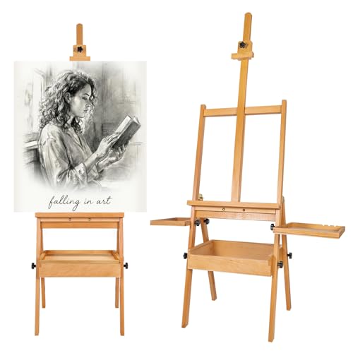 Falling in Art Large Wooden Painting Easel with Storage Drawer and Palettes, H-Frame Studio Easel Stand Holds Canvas up to 36 Inches, Suitable for Adults, Beginners, and Artists