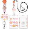 Fall Lanyard with Badge Holder, Pink Pumpkin Bow Beaded ID Card Set