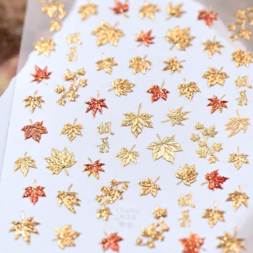 Fall Maple Leaf Nail Art Stickers Decals Glitter Autumn Nail Stickers 1PCS 3D Self-Adhesive Cute Fall Sticker for Nail Gold Leaf Nail Decals for Women DIY Manicure Supplies Accessories