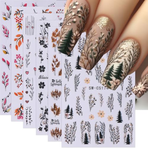 Fall Nail Stickers 6PCS - Leaf Flower Nail Decals Self-Adhesive Autumn Leaves Floral Plant Nail Art Design Supplies Cute Fall Stickers for Women Nail Art Decorations Accessories