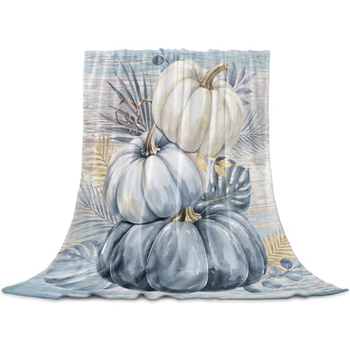 Fall Thanksgiving Flannel Blanket for Bed, Blue White Pumpkin Tropical Plants Rustic Soft Cozy Warm Couch Throw Blanket, Lightweight Fluffy Plush Bedding Blankets for Sofa Decor All Season 50"x60"