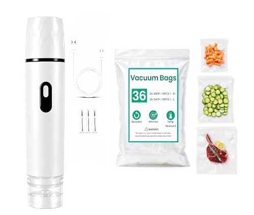 Fanala Vacuum Sealer Machine for Food with 36 BPA-Free Reusable Vacuum Sealer Food Storage Bags, Freezer, Microwave – Odor-Resistant, Leak-Proof (36PCS bags + Vacuum sealer White)