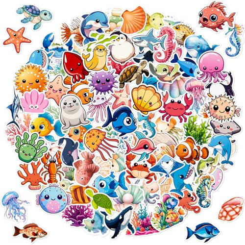 Fancy Land 100Pcs Ocean Stickers Vinyl Waterproof Under The Sea Decals for Water Bottles Sea Creature Sticker Pack for Laptop Scrapbooking Decorations Supplies