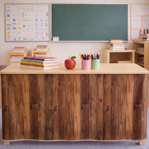 Fanfanwin 72" X 30" Table Skirt Teacher Desk Skirt Rectangular Table Cover Back to School Supplies Tables Cloths for Classroom Office Bookcase Cabinet Decor (Dark Brown,Wood Grain Style)