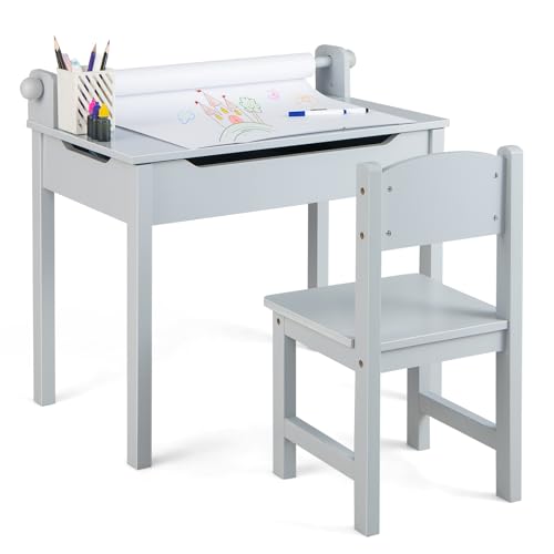 FANTASK Children's Desk with Chair, Children's Desk with Paper Roll & Marker, Children's Seating Set with Folding Table Top, Youth Desk with Storage Space for Children from 3 Years (Grey)