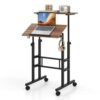 FANTASK Computer Desk Height Adjustable, Mobile Standing Desk with Wheels, Tilting Table Top & 2 Hooks, Home Office Laptop Trolley for Home, Office (Walnut)