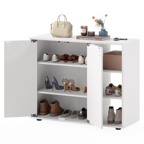 FANTASK Shoe Cabinet with 2 Doors, 80 x 31 x 64.5 cm, Entrance Area with Soft Close & Adjustable Open Shelves, Shoe Chest of Drawers, Shoe Rack for Hallway, Hallway and Living Room (White)