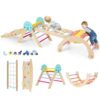 FANTASK Wooden Climbing Frame, Set of 4, Folding Climbing Triangle with Slide, Arch, Net & Double-Sided Ramp, Includes Building Blocks & 2 Cars, Universe Rung Triangle for Children from 1 Year