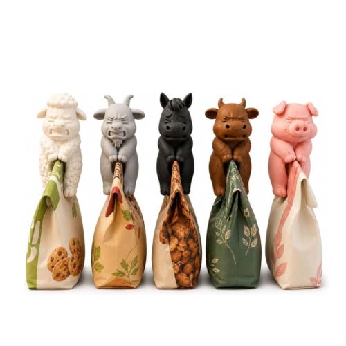Farm Animal Bag Clip, Bag Clips for Food Storage, Cute Chip Clips Heavy Duty, Reusable 3D Printed BagSealer for Snacks & Bread, Rustic Farmhouse Kitchen Decor & Housewarming Gift (5PCS)
