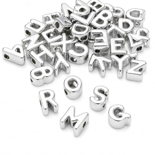 FASHEWELRY 50Pcs Silver Large Letter Beads, UV Plating 21mm Big Alphabet Beads Random Mixed Metallic Large Hole Paracord Bead Spacer for Keychains Bracelets Bag Charms Shoelaces
