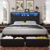 Fastroby Farmhouse Queen Bed Frame with LED Charged Bookcase Headboard & Storage Drawers, Black
