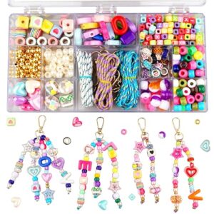 Fcoget DIY Beaded Keychain Making Kit with 7 Keyrings & 3 Strings - Aesthetic Backpack Charms Craft Kits, Premium Acrylic Beads for Trendy Jewelry Making, Sensory Arts and Crafts Gift for Women