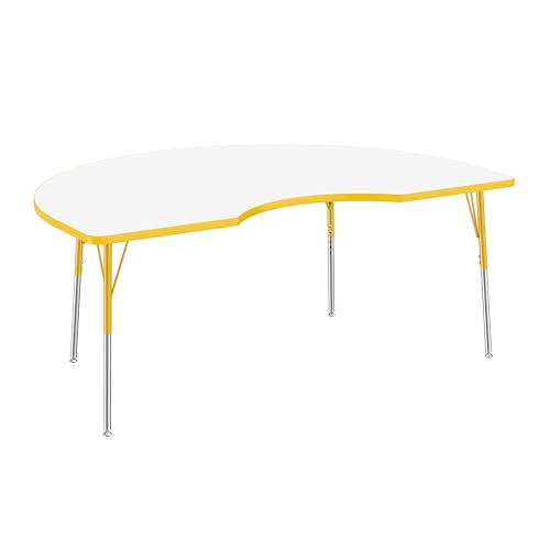 FDP Dry-Erase Kidney Activity School and Office Table (48 x 72 inch), Standard Legs with Swivel Glides for Collaborative Spaces, Adjustable Height 19-30 inches - Whiteboard Top, Yellow Edge and Legs