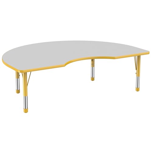 FDP Kidney Activity School and Classroom Kids Table (48 x 72 inch), Chunky Toddler Legs for Collaborative Seating Environments, Adjustable Height 15-24 inches - Gray Top and Yellow Edge and Legs