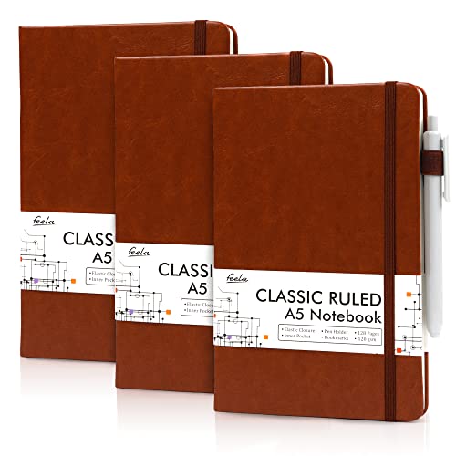 feela 3 Pack Notebooks Journals Bulk with 3 Black Pens, A5 Hardcover Notebook Classic Ruled Lined Journal Set with Pen Holder for Work Business Journaling Note Taking, 120 GSM, 5.1”x8.3”, Brown