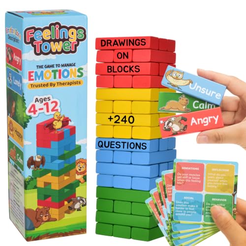 Feelings Tower Therapy Games for Kids & Teens - Social Emotional Learning Toy, 48 Emotion Cards & Animal Stacking Blocks - Play Therapy Toys, SEL & Social Skills Games for Kids, Counseling