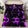 Feelyou Boys Honeycomb Bed Sheet Set for Kids Men Girls Modern Geometric Hexagon Theme Bedding Bed Cover Purple Neon Decor Bedding Fitted Sheet Grid Art Bed Cover Bedroom Collection 3Pcs Full Size