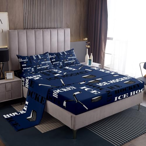 Feelyou Boys Ice Hockey Bed Sheets Full Size Sports Hockey Pucks Print Sheets Set for Kids Teens Girls Ball Gamer Decorations Bedding Set Blue Fitted Sheet Set Bedroom All Season 2 Pillowcases