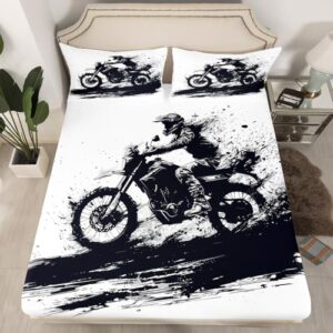 Feelyou Cool Motocross Fitted Sheet Twin Size Dirt Bike Bed Sheet Set Ultra Soft Motorcycle Racer Fitted Sheet for Kids Boys Girls Extreme Sports Bed Cover Room Decor Motorbike Bed Set