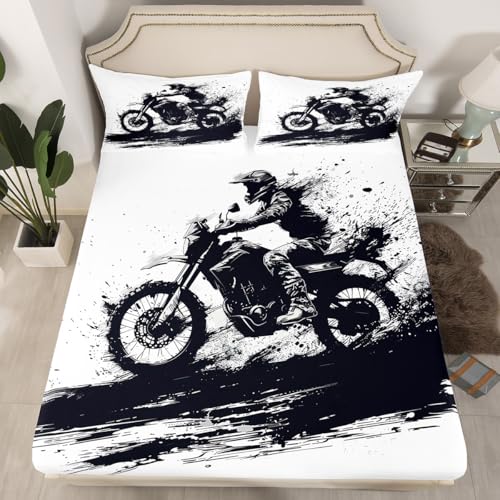 Feelyou Cool Motocross Fitted Sheet Twin Size Dirt Bike Bed Sheet Set Ultra Soft Motorcycle Racer Fitted Sheet for Kids Boys Girls Extreme Sports Bed Cover Room Decor Motorbike Bed Set
