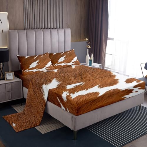 Feelyou Cow Fur Sheet Set Cowhide Sheets with Deep Pocket Fitted Sheet for Kids Teens Farmhouse Bed Sheets Set Western Farm Animal Skin Brown White Bedding Set Room Decor Bedroom Queen Size