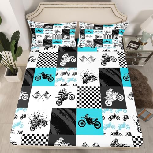 Feelyou Dirt Bike Bedding Fitted Sheet Extreme Sports Bedding Sheets for Kids Boys Girls Racing Motocross Rider Bed Sheet Set Motorcycle Bed Cover 1 Bed Sheet Set with 2 Pillowcases Full Size