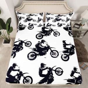 Feelyou Dirt Bike Fitted Sheet Full Size Cool Motocross Bed Sheet Set Ultra Soft Motorcycle Racer Fitted Sheet for Kids Boys Girls Motorcycle Bed Cover Room Decor Motorbike Bed Set