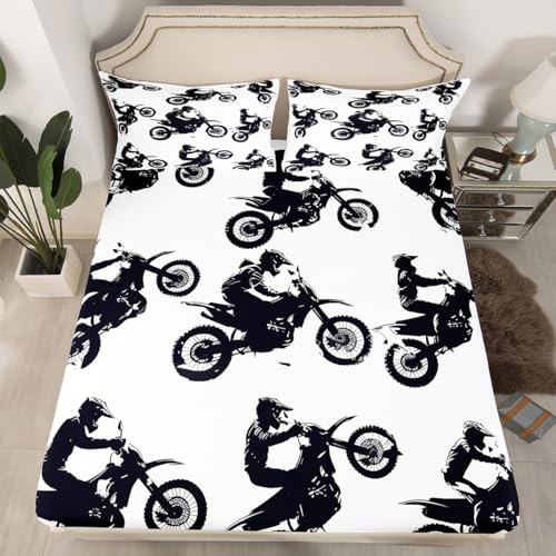 Feelyou Dirt Bike Fitted Sheet Full Size Cool Motocross Bed Sheet Set Ultra Soft Motorcycle Racer Fitted Sheet for Kids Boys Girls Motorcycle Bed Cover Room Decor Motorbike Bed Set