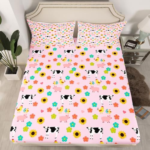 Feelyou Farm Truck Red Tractor Bedding Sheets for Boys Girls Full Size,Cute Farm Animals Pig Cow Sheep Goat Hen Rooster and Sunflower Floral Decorative Bedding Sheets,Farmhouse Pink Decor