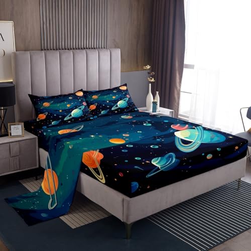 Feelyou Galaxy Bed Sheets Set Twin Size Boys Girls Outer Space Sheet Set for Kids 3D Printed Space Space Outer Sky Sheets with Deep Pocket Fitted Sheet Deep Blue Bedding Set Room Decor