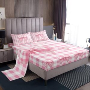 Feelyou Kids Pink Bowknot Sheet Set Twin Size, Dreamy Princess Bed Sheets Set Boys Girls Cute Bow Sheets with Deep Pocket Fitted Sheet Watercolor Teens Bedding Set with 1 Pillow Case