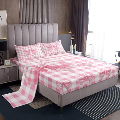 Feelyou Kids Pink Bowknot Sheet Set Twin Size, Dreamy Princess Bed Sheets Set Boys Girls Cute Bow Sheets with Deep Pocket Fitted Sheet Watercolor Teens Bedding Set with 1 Pillow Case