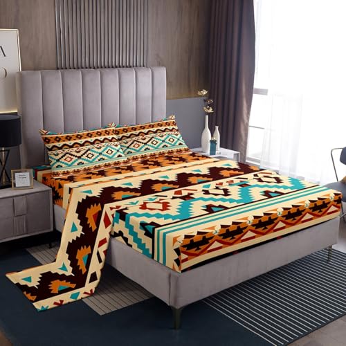 Feelyou Orange Green Southwestern Bed Sheets Set Twin Geometric Sheet Set Tribal Native American Indian Design Vinatge Sheets with Deep Pocket Fitted Sheet Decor Exotic Style Stripe Line Bedding Set