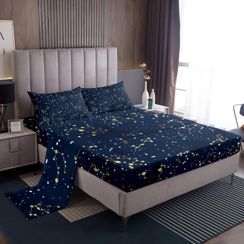 Feelyou Outer Space Sheet Set Kids Galaxy Constellation Sheets with Deep Pocket Fitted Sheet 3D Printed Space Bed Sheets Set Universe Cloud Galaxy Space Outer Sky Blue Bedding Set Quilt Cover Full