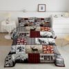 Feelyou Plaid Deer Elk Bear Wolf Comforter Set for Girls Boys Rustic Cabin Farm Forest Camping Hunting Comforter Farm Forest Bedding Set Farmhouse Lodge Duvet Set Full Size Quilt Set