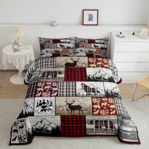 Feelyou Plaid Deer Elk Bear Wolf Comforter Set for Girls Boys Rustic Cabin Farm Forest Camping Hunting Comforter Farm Forest Bedding Set Farmhouse Lodge Duvet Set Full Size Quilt Set