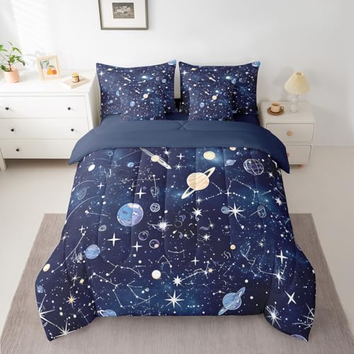 Feelyou Solar System Bedding Set Twin Size Constellation Comforter Set 7 Pieces Galaxy Outer Space Universe Planets 3D Printed Space Bed in a Bag Black Bed Set with Comforter, Sheet Set, Pillowcases