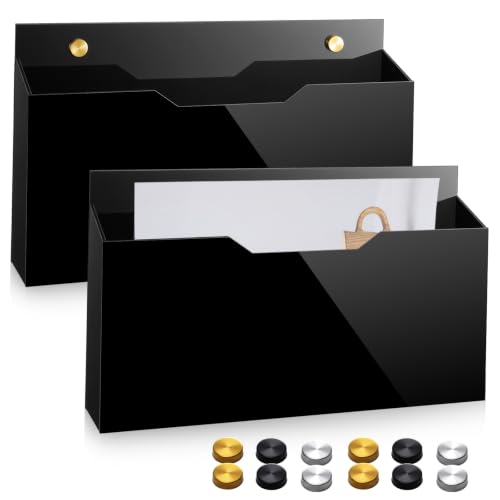Feifeiya 2 Pcs Black Acrylic File Holder Wall Mount Mail Magazine Organizer File Holders with Screw Wall Office Document Storage Magazine Brochure (14"x8.3"x2.4", Widening Horizontal, Black )