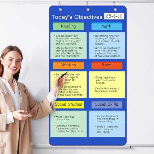 Feifeiya Pocket Chart for Classroom 24.41 x 45.28 '' Reusable Whiteboard with Hooks 13+1 Scheduling Objectives Pocket Chart with 16 Pcs Reusable Cards for School Office Home Preschool(Classic Style)