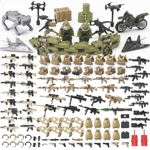 Feleph Military Weapons Set Army Gear Includes Camouflage Night Vision Helmets, E.O.D. Suits, Shields Robot Dog, Drone, Building Block Toys for Kids 4+, Compatible with Major Brick Figures