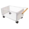 FELTECHELECTR Mobile Rolling Book Cart with Swivel Wheels and Pull Rod, White Iron and Wood Storage Basket for Books and Document Bins, Portable Organizer for Library and Classroom Use,